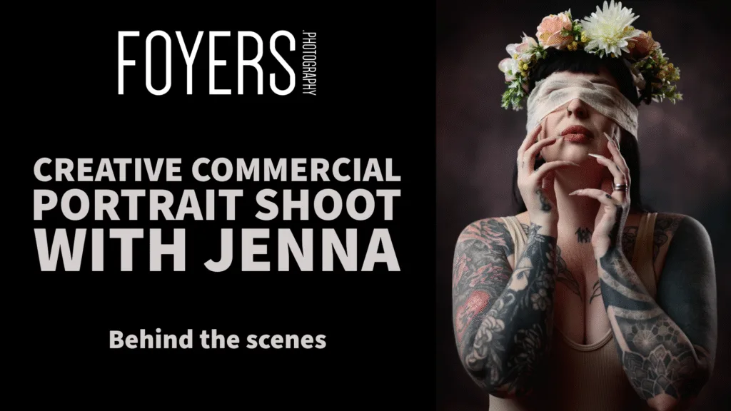 Blindfolded tattooed woman with flower crown, photoshoot.